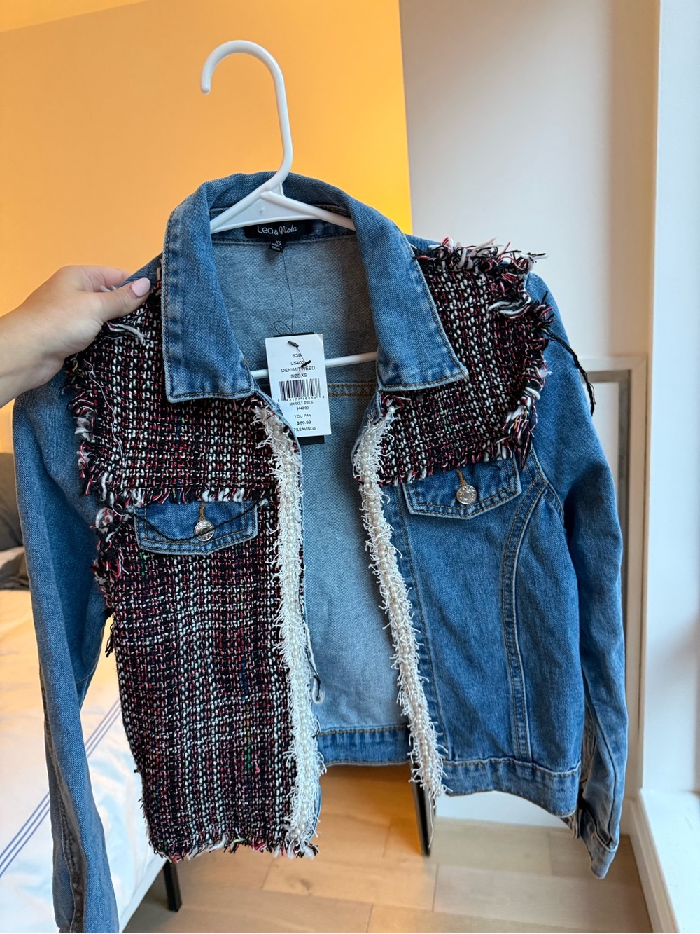 Lea & Viola Denim Jacket with Red-Black Tweed Panels